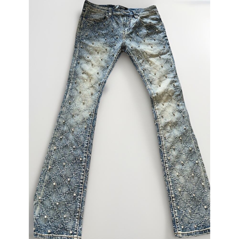 Vicious denim Rhinestone Studded denim flared jeans Size 30 Blue Wash Distressed